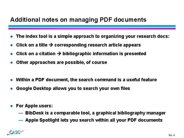 Additional notes on managing PDF documents l The index tool is a simple approach