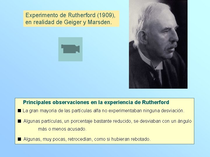 Experimento de Rutherford (1909), en realidad de Geiger y Marsden. Principales observaciones en la