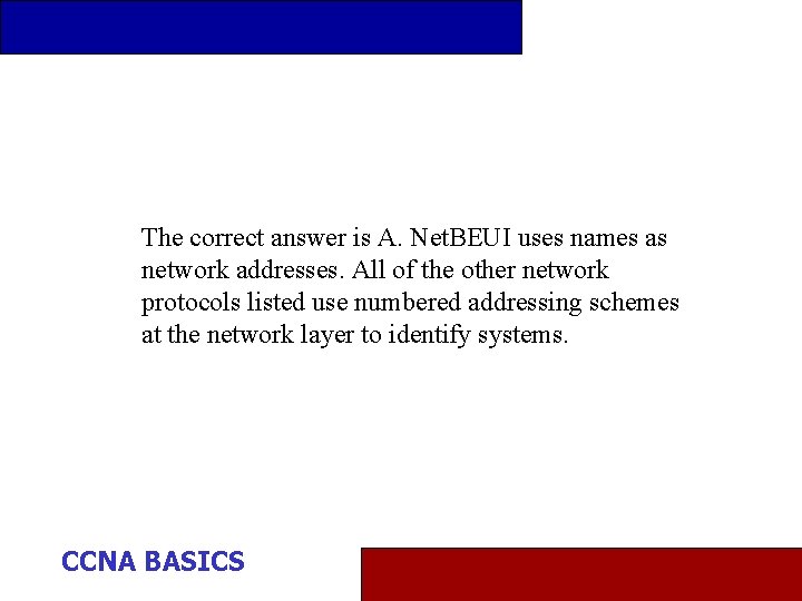 The correct answer is A. Net. BEUI uses names as network addresses. All of