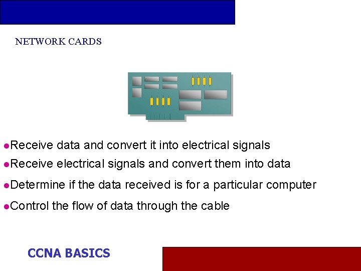 NETWORK CARDS l. Receive data and convert it into electrical signals l. Receive electrical