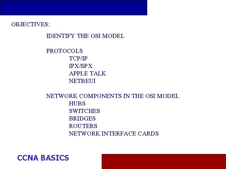 OBJECTIVES: IDENTIFY THE OSI MODEL PROTOCOLS TCP/IP IPX/SPX APPLE TALK NETBEUI NETWORK COMPONENTS IN