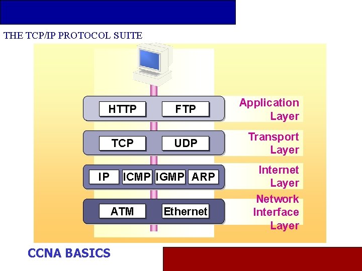 THE TCP/IP PROTOCOL SUITE Application Layer HTTP FTP Application Layer Transport Layer TCP UDP