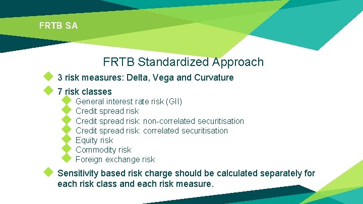 FRTB SA FRTB Standardized Approach ◆ 3 risk measures: Delta, Vega and Curvature ◆
