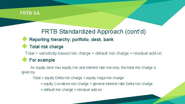 FRTB SA FRTB Standardized Approach (cont’d) ◆ Reporting hierarchy: portfolio, desk, bank ◆ Total