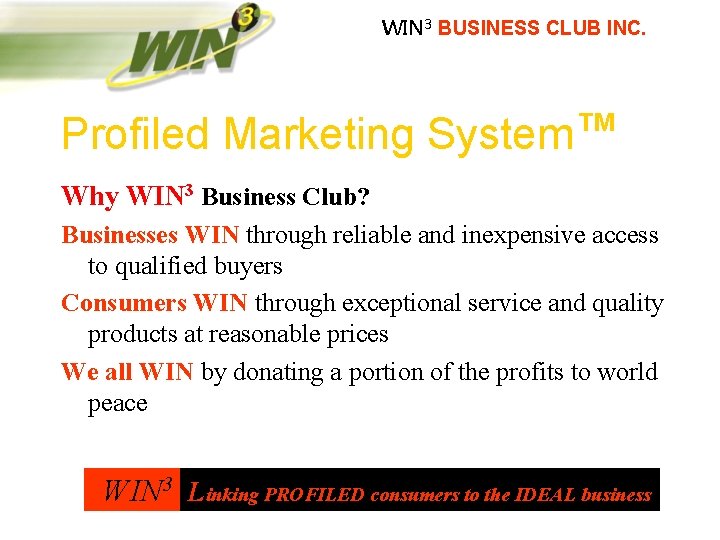 WIN 3 BUSINESS CLUB INC. Profiled Marketing System™ Why WIN 3 Business Club? Businesses