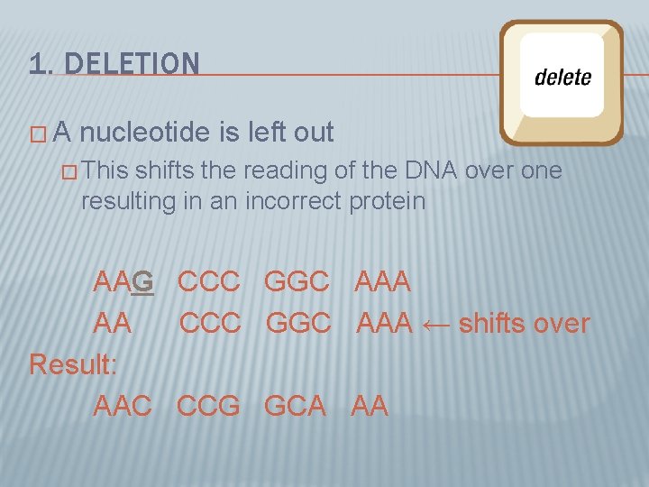 1. DELETION �A nucleotide is left out � This shifts the reading of the