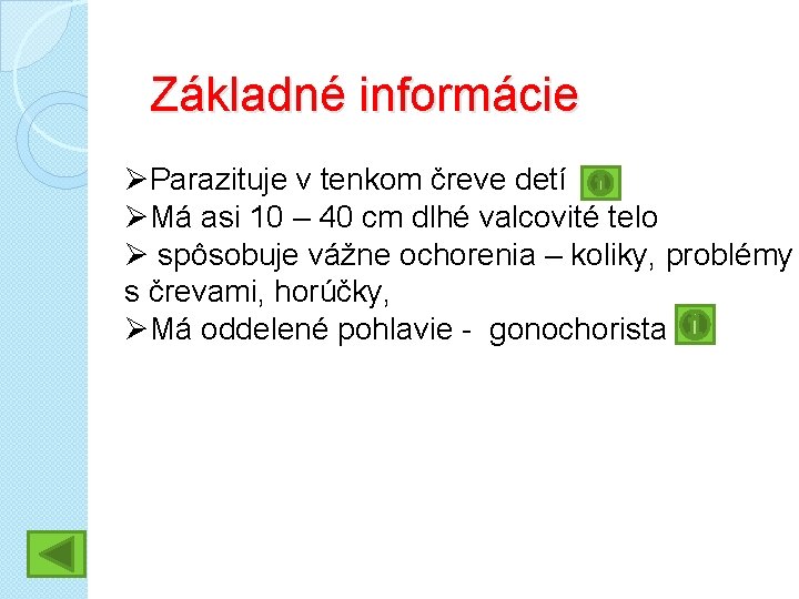 Základné informácie ØParazituje v tenkom čreve detí ØMá asi 10 – 40 cm dlhé
