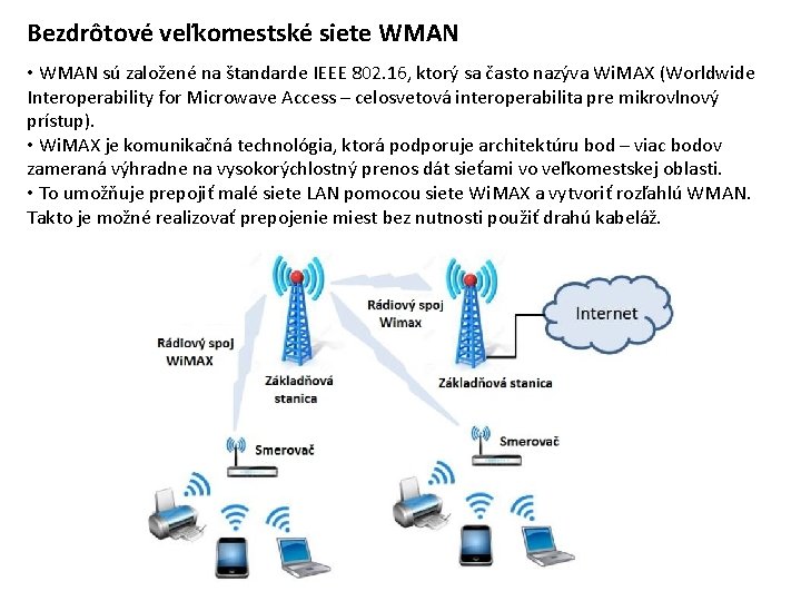 Bezdrôtové veľkomestské siete WMAN • WMAN sú založené na štandarde IEEE 802. 16, ktorý