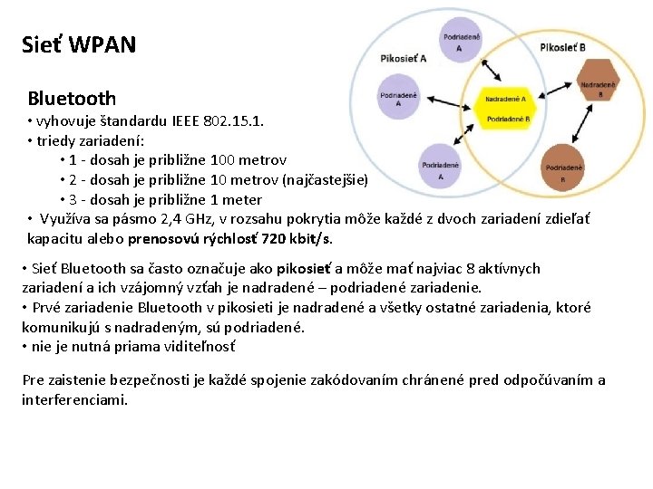 Sieť WPAN Bluetooth • vyhovuje štandardu IEEE 802. 15. 1. • triedy zariadení: •