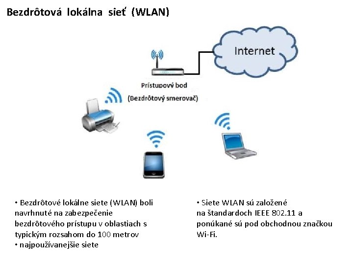 Bezdrôtová lokálna sieť (WLAN) • Bezdrôtové lokálne siete (WLAN) boli navrhnuté na zabezpečenie bezdrôtového