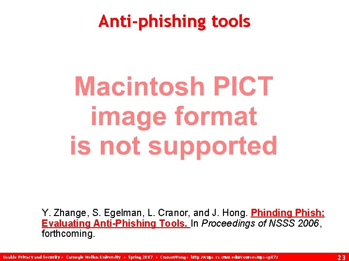 Anti-phishing tools Y. Zhange, S. Egelman, L. Cranor, and J. Hong. Phinding Phish: Evaluating