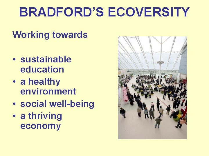 BRADFORD’S ECOVERSITY Working towards • sustainable education • a healthy environment • social well-being