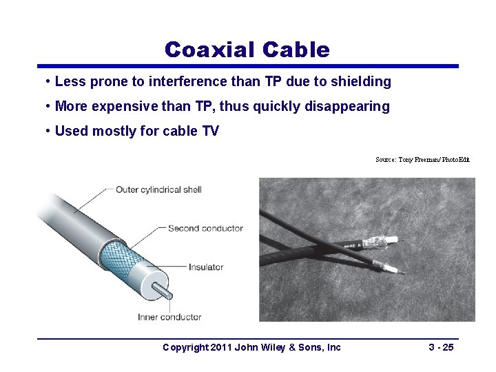 Coaxial Cable • Less prone to interference than TP due to shielding • More