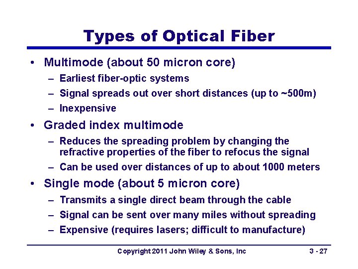Types of Optical Fiber • Multimode (about 50 micron core) – Earliest fiber-optic systems