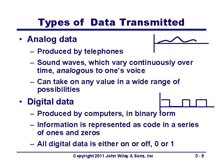 Types of Data Transmitted • Analog data – Produced by telephones – Sound waves,