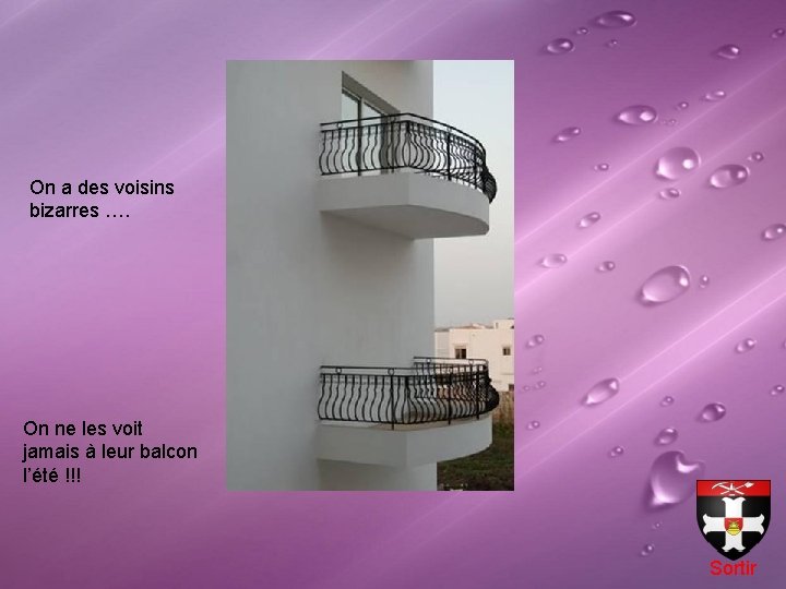 On a des voisins bizarres …. On ne les voit jamais à leur balcon