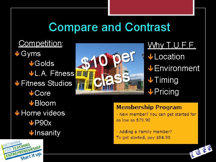 Compare and Contrast Competition: Gyms Golds L. A. Fitness Studios Core Bloom Home videos