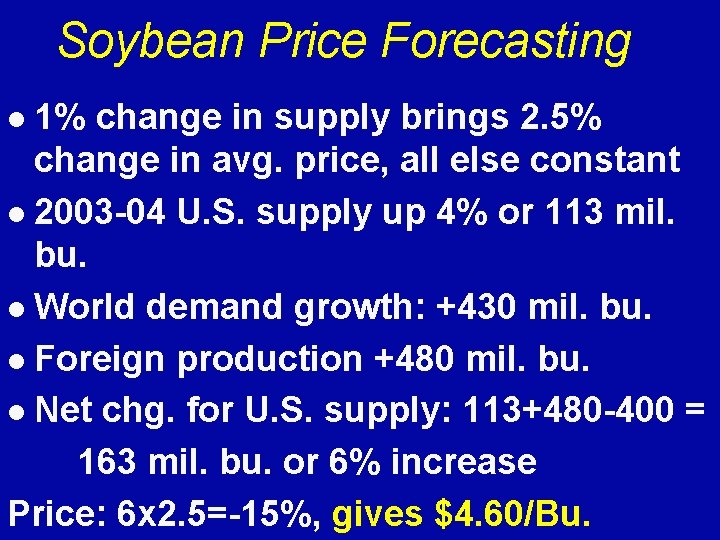 Soybean Price Forecasting 1% change in supply brings 2. 5% change in avg. price,