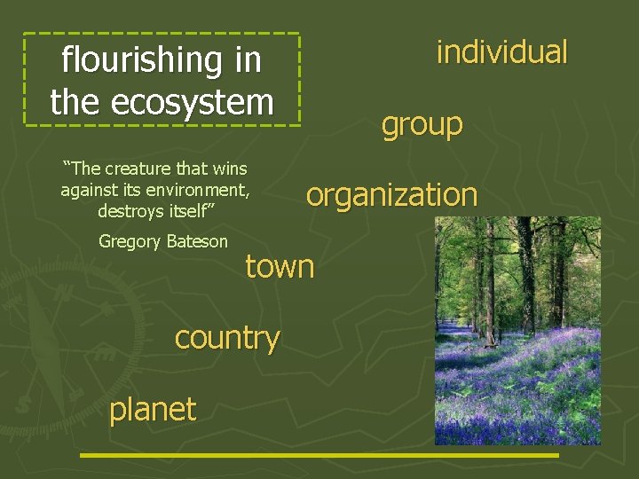 individual flourishing in the ecosystem “The creature that wins against its environment, destroys itself”