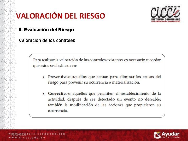 VALORACIÓN DEL RIESGO II. Evaluación del Riesgo Valoración de los controles 08/09/2021 