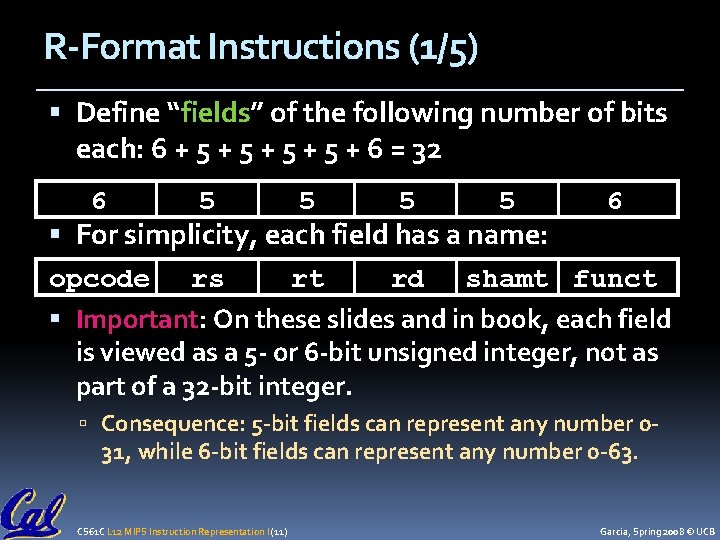 R-Format Instructions (1/5) Define “fields” of the following number of bits each: 6 +