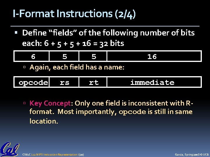 I-Format Instructions (2/4) Define “fields” of the following number of bits each: 6 +
