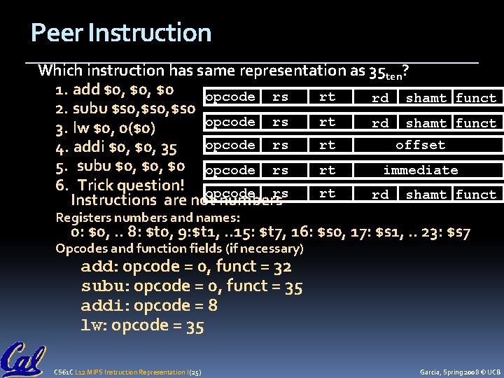 Peer Instruction Which instruction has same representation as 35 ten? 1. add $0, $0