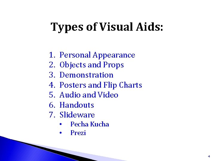 Types of Visual Aids: 1. 2. 3. 4. 5. 6. 7. Personal Appearance Objects