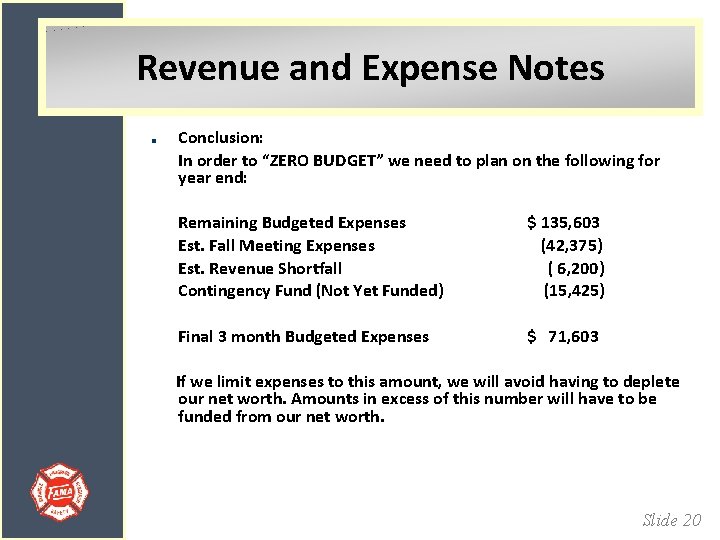Revenue and Expense Notes Conclusion: In order to “ZERO BUDGET” we need to plan