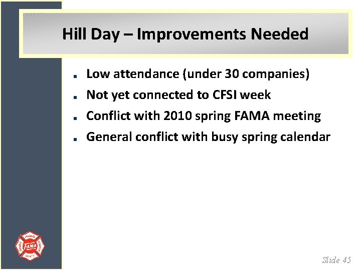 Hill Day – Improvements Needed Low attendance (under 30 companies) Not yet connected to