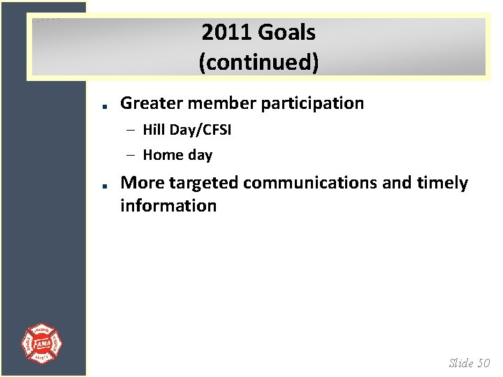 2011 Goals (continued) Greater member participation – Hill Day/CFSI – Home day More targeted