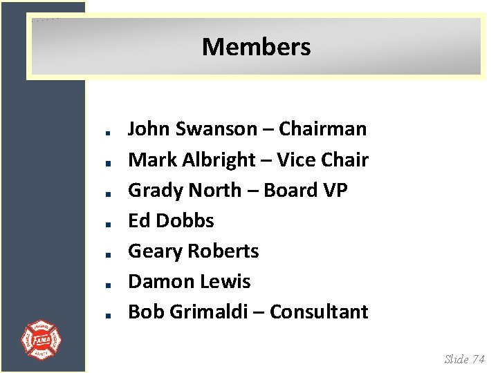 Members John Swanson – Chairman Mark Albright – Vice Chair Grady North – Board