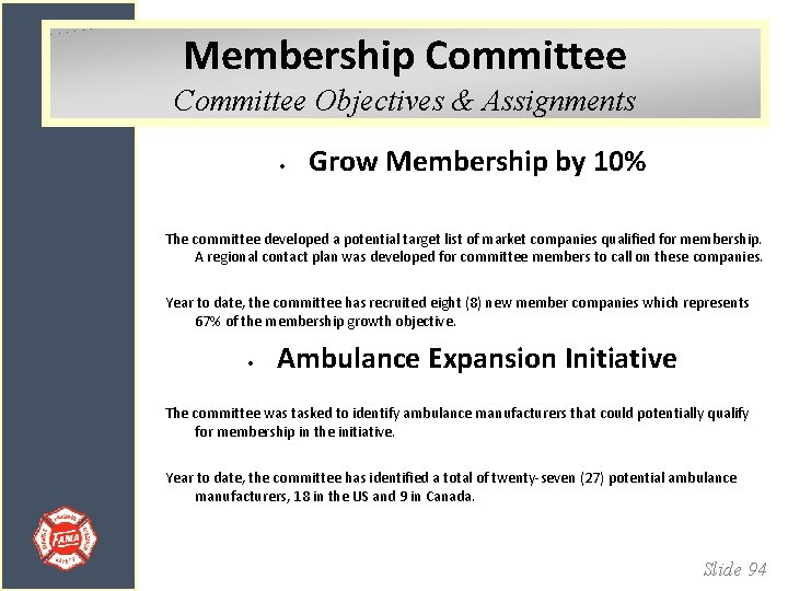 Membership Committee Objectives & Assignments • Grow Membership by 10% The committee developed a