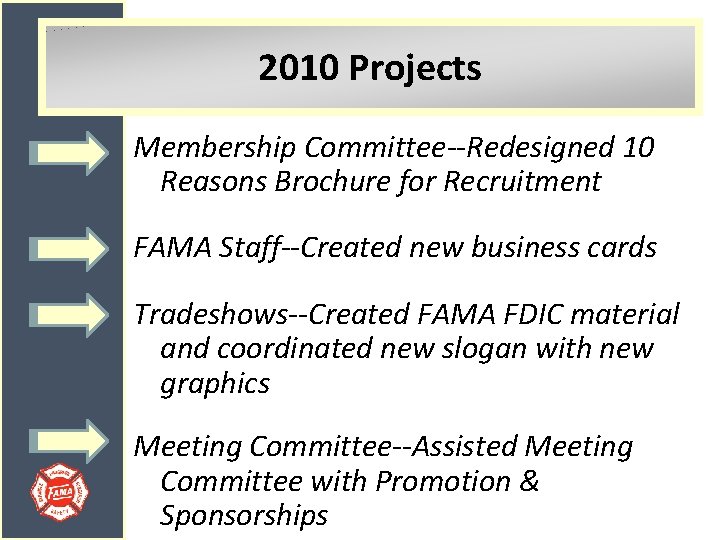 2010 Projects Membership Committee--Redesigned 10 Reasons Brochure for Recruitment FAMA Staff--Created new business cards