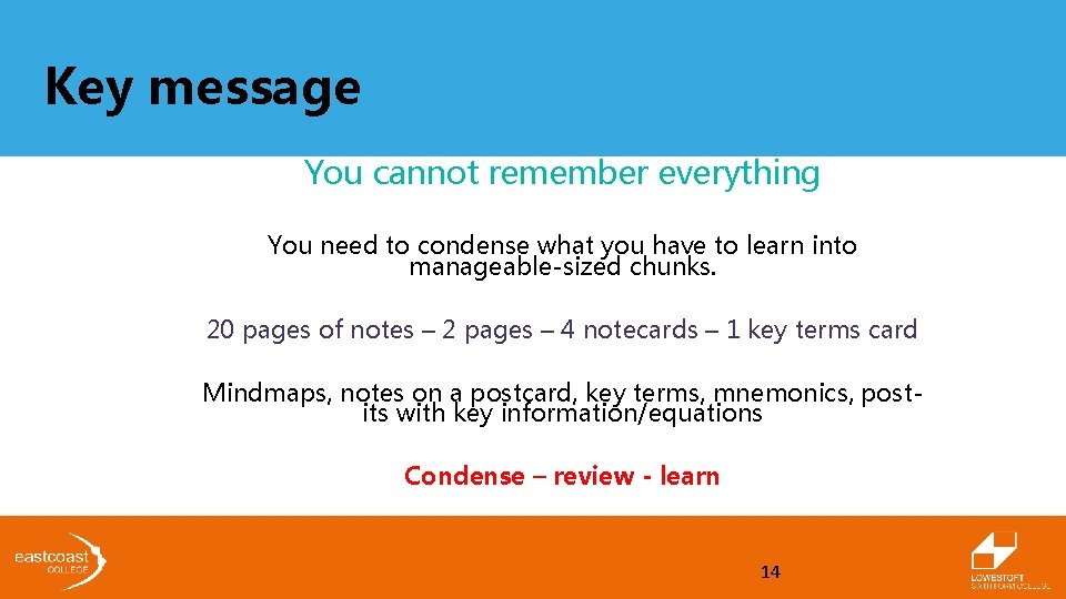 Key message You cannot remember everything You need to condense what you have to Key message You cannot remember everything You need to condense what you have to