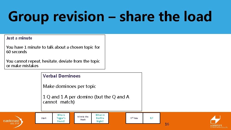 Group revision – share the load Just a minute You have 1 minute to Group revision – share the load Just a minute You have 1 minute to