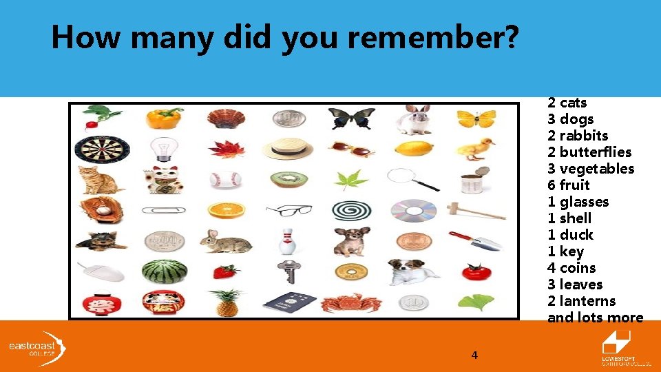 How many did you remember? 2 cats 3 dogs 2 rabbits 2 butterflies 3 How many did you remember? 2 cats 3 dogs 2 rabbits 2 butterflies 3