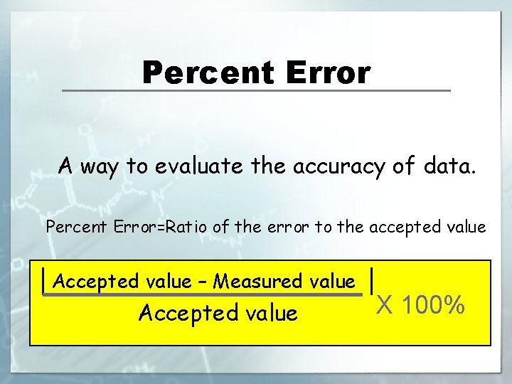 Percent Error A way to evaluate the accuracy of data. Percent Error=Ratio of the