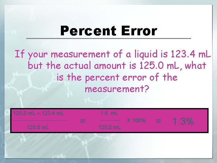 Percent Error If your measurement of a liquid is 123. 4 m. L but
