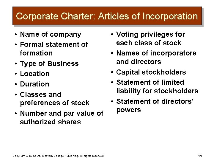 Corporate Charter: Articles of Incorporation • Name of company • Formal statement of formation