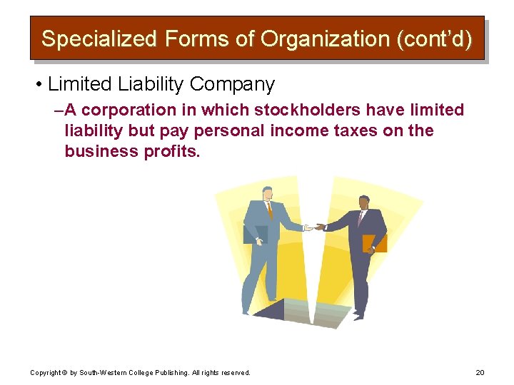 Specialized Forms of Organization (cont’d) • Limited Liability Company – A corporation in which