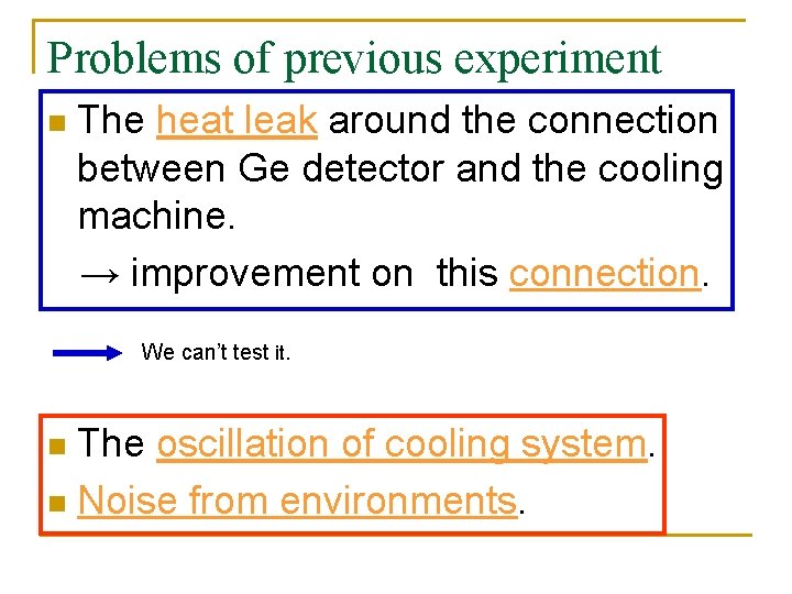 Problems of previous experiment n The heat leak around the connection between Ge detector
