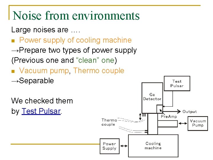 Noise from environments Large noises are …. n Power supply of cooling machine →Prepare
