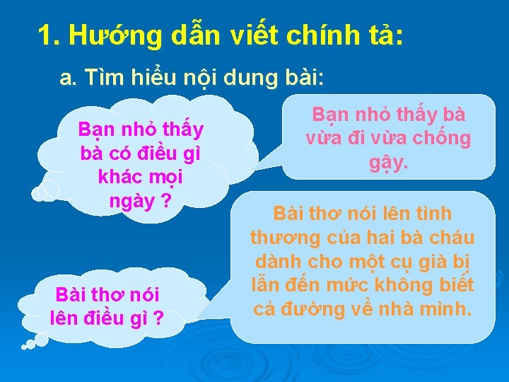 1. Hướng dẫn viết chính tả: a. Tìm hiểu nội dung bài: Bạn nhỏ