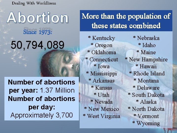 Dealing With Worldliness Abortion Since 1973: 50, 794, 089 Number of abortions per year: