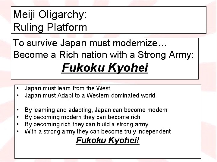 Meiji Oligarchy: Ruling Platform To survive Japan must modernize… Become a Rich nation with