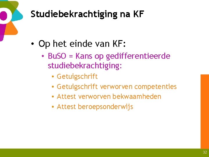 Studiebekrachtiging na KF • Op het einde van KF: • Bu. SO = Kans