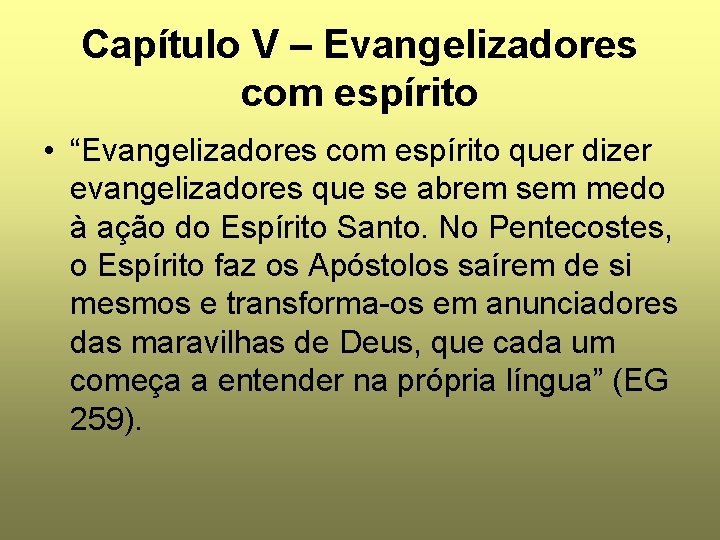 Capítulo V – Evangelizadores com espírito • “Evangelizadores com espírito quer dizer evangelizadores que