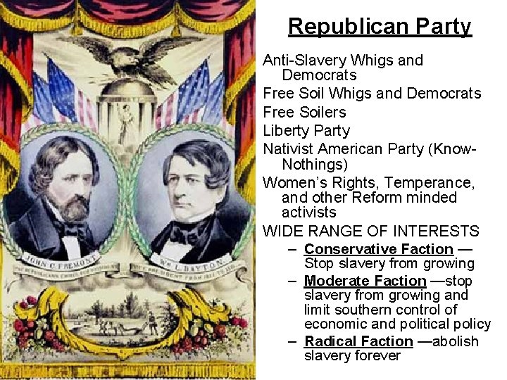 Republican Party Anti-Slavery Whigs and Democrats Free Soilers Liberty Party Nativist American Party (Know.