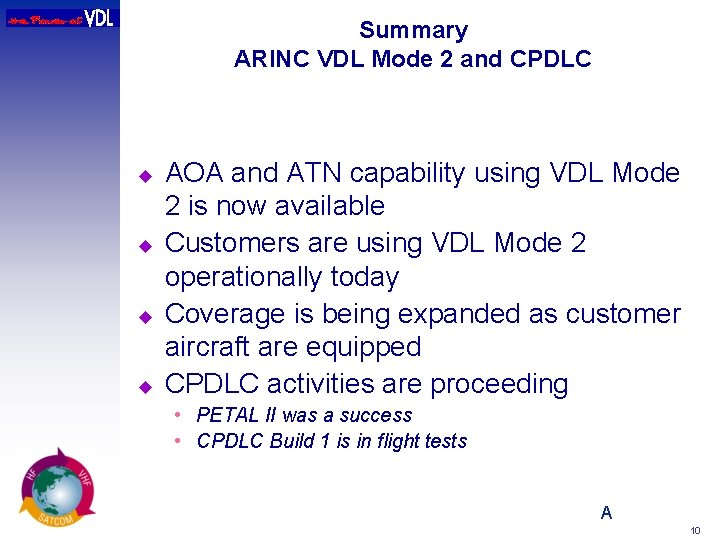 Summary ARINC VDL Mode 2 and CPDLC u u AOA and ATN capability using